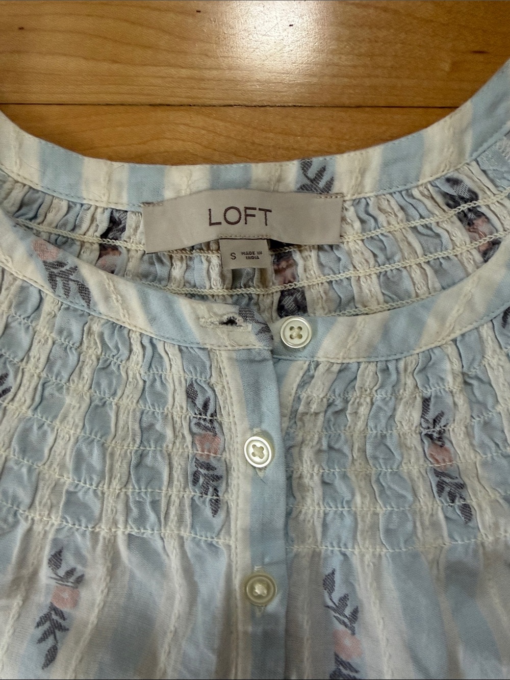 LOFT Blue Smocked Floral Stripe Puff Sleeve Blouse Boho Cottagecore Size S - Picture 2 of 7